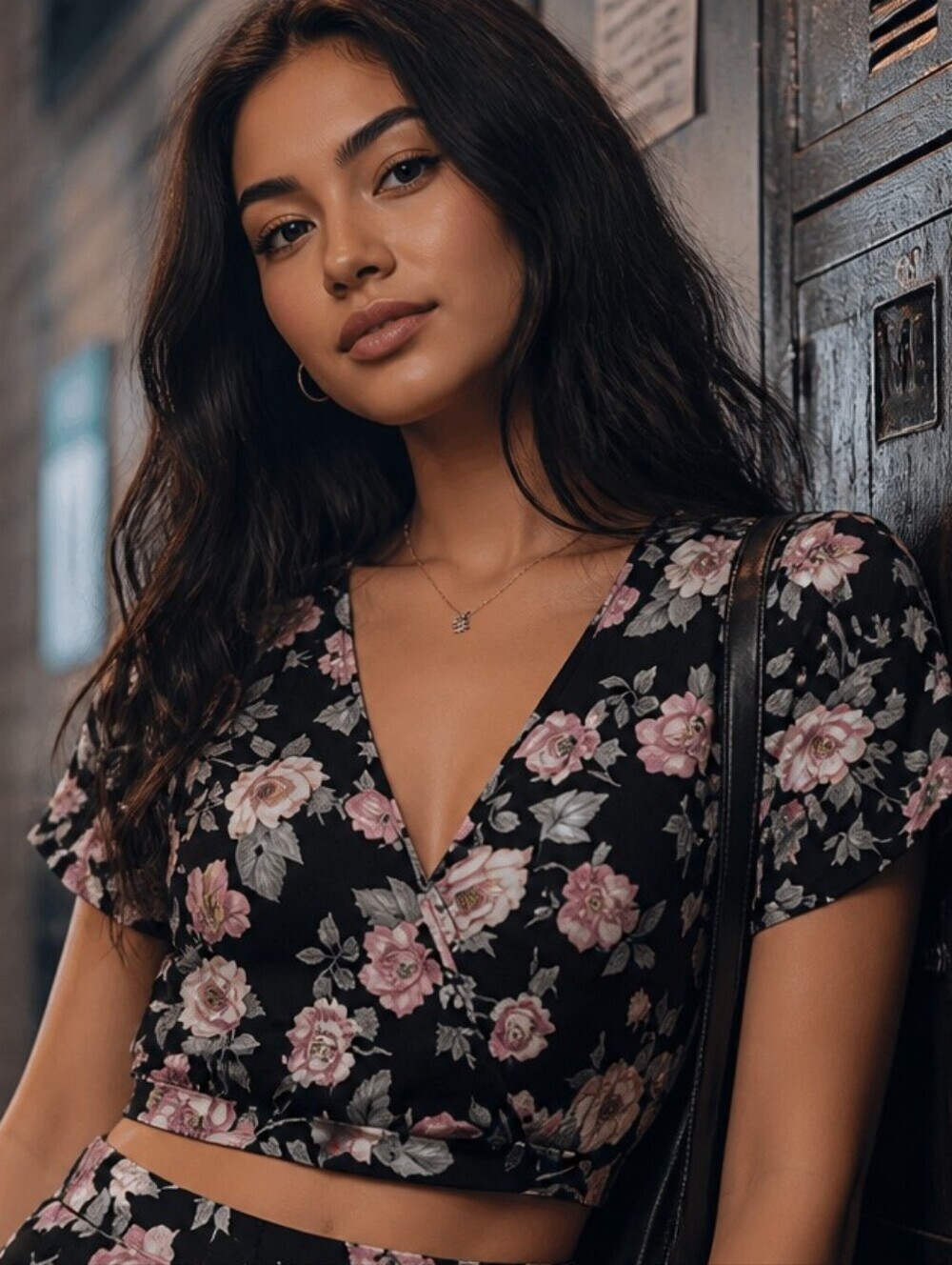 Women's Whimsigoth Cottage Floral Bias Cut Crop Top in Black and Pink, Size XXL